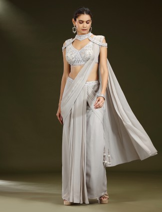 Grey chiffon sleeveless v neck lehenga choli