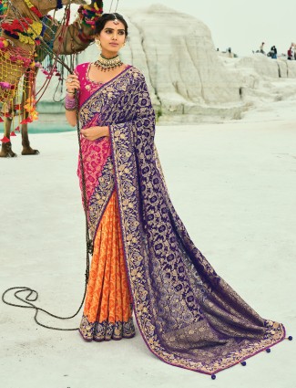 Purple and rani bandhej georgette wedding saree