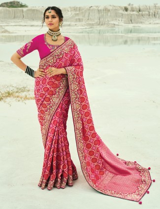 Rani pink bandhej georgette bridal saree