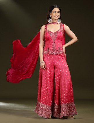 Red silk heavily embellished palazzo suit