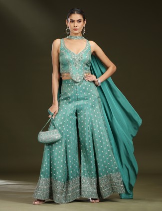 Sage green silk palazzo with embroidery work