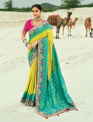 Shaded yellow and rama green bandhej saree