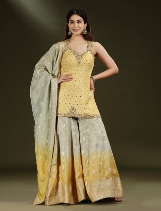 Yellow and grey shaded silk palazzo suit