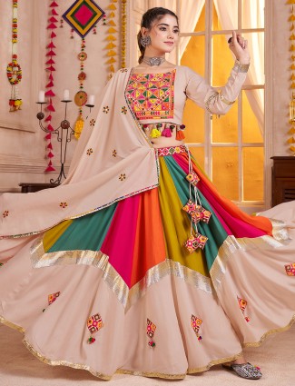 Beige embroidered navratri chaniya with dupatta