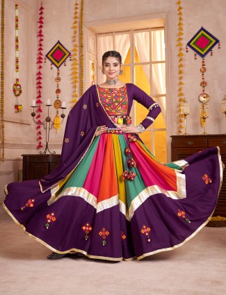 Purple embellished navratri chaniya with cowrie shell