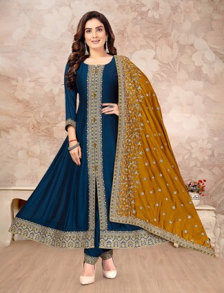 Rama blue silk festive embroidered salwar suit