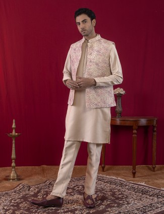 Beige cotton silk resham work waistcoat set