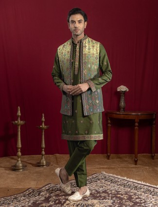 Green shaded cotton silk waistcoat ensemble