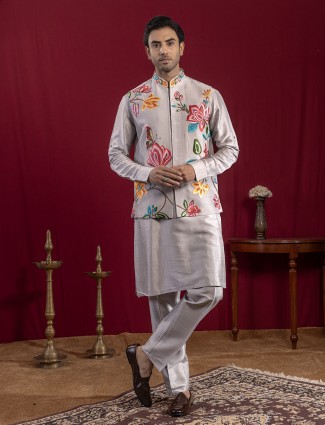 Grey zardosi embellished silk waistcoat set