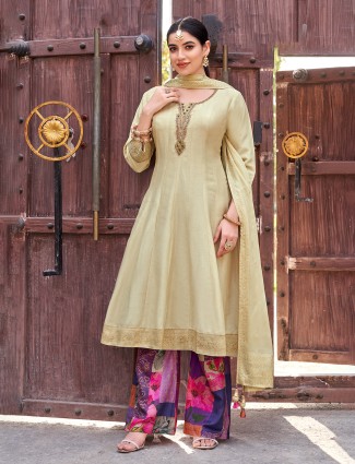 Cream raw silk pakistani palazzo suit