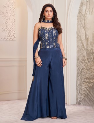 Blue satin silk sleeveless palazzo suit