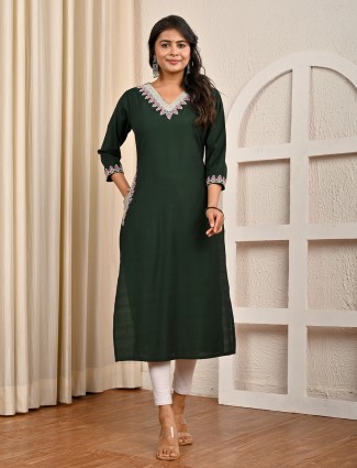 Bottle green embroidered casual cotton silk kurti