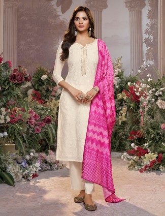 Cream silk embroidered kurti set with pink dupatta
