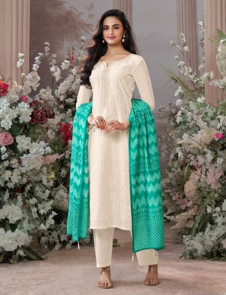 Cream cotton silk kurti set with green dupatta