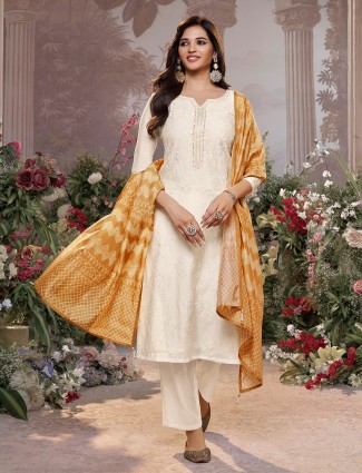 Cream festive kurti set with brown dupatta