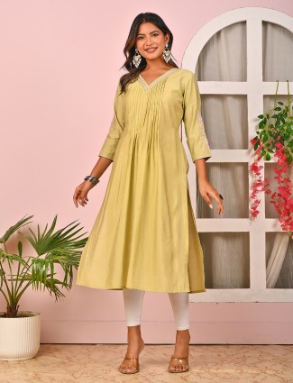 Lemon green cotton silk embroidered kurti