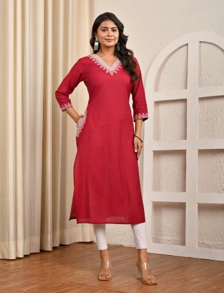 Maroon casual cotton silk embroidered kurti