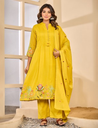 Mustard yellow embroidered silk kurti set