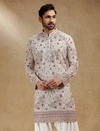 Dark purple printed cotton silk kurta pajama for men