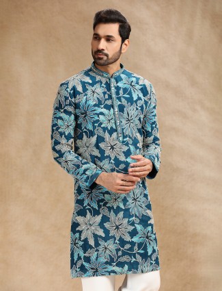 Printed blue crepe festive kurta suit for men