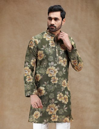 Printed mehendi green tissue silk festive kurta pajama