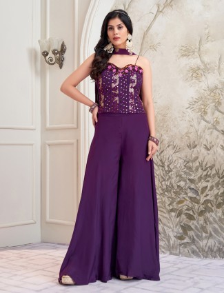Purple satin silk palazzo suit with dupatta for women