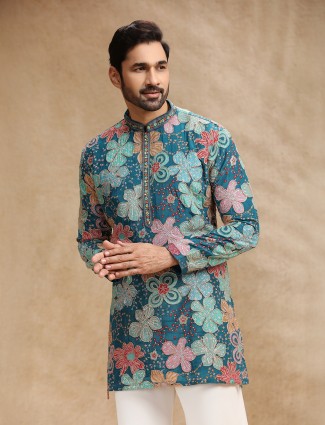 Rama blue printed crepe kurta suit for men