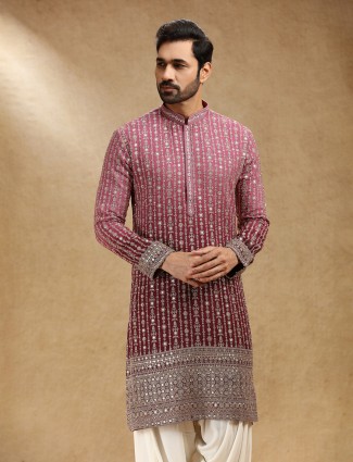 Shaded wine georgette festive kurta pajama for men
