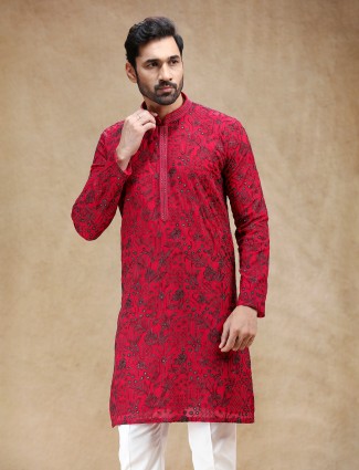 Vibrant hot pink georgette men kurta pajama
