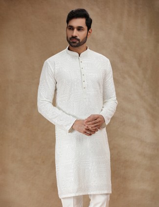 White georgette men festive kurta pajama