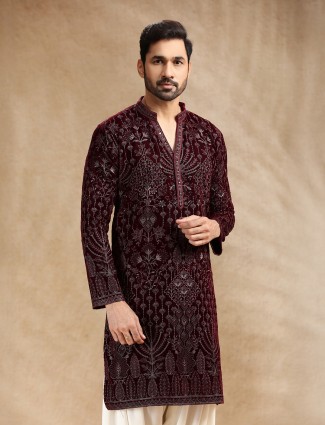 Wine velvet men kurta pajama with embroidery elegance