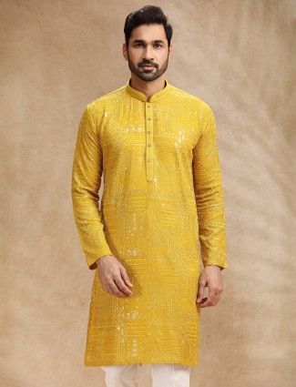 Bright yellow georgette festive kurta pajama for men
