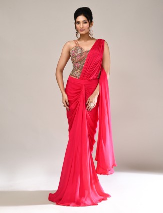 Dark pink chiffon embellished indo western suit