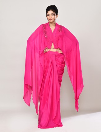 Magenta satin cutdana work indo western suit
