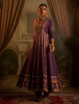 Purple silk embellished anarkali suit for wedding wear