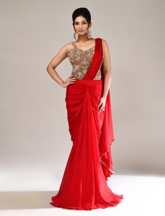 Red chiffon zardosi indo western designer suit