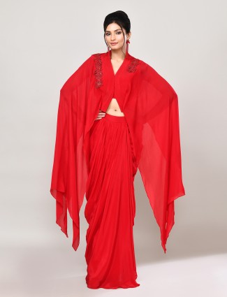 Red satin designer indo western party wear suit