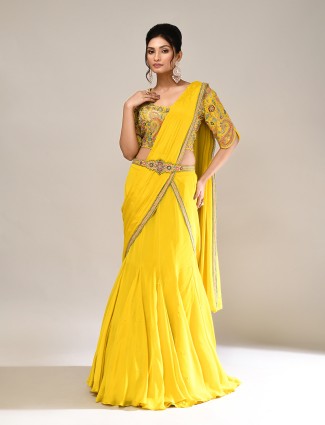 Lime yellow chiffon silk haldi wedding lehenga choli