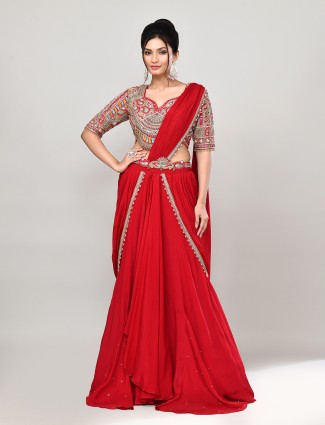 Red chiffon mirror-work lehenga choli