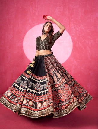 Black printed silk navratri lehenga choli with aabla and resham