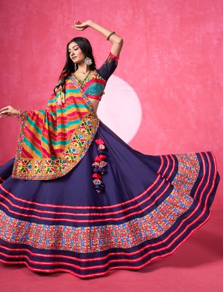 Blue printed silk lehenga choli with mirror and gota