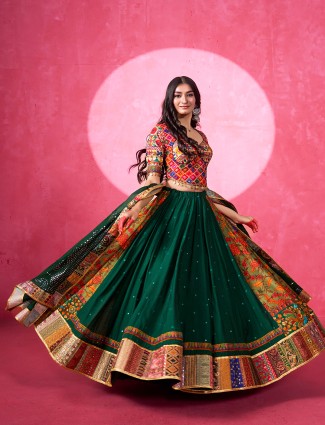 Green printed silk beads worked lehenga choli for navratri