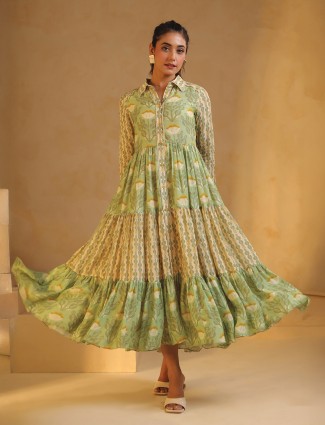 Beige and green printed silk kurti for women