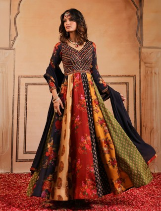 Royal black silk anarkali suit set