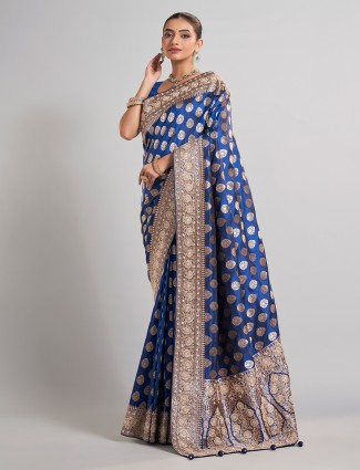 Blue banarasi silk saree with intricate zari weaving