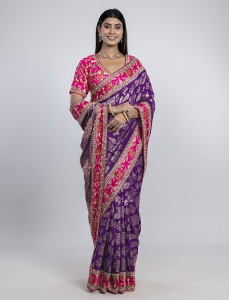 Dark purple dola silk wedding saree