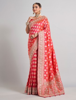 Gajari red banarasi silk saree with zari work