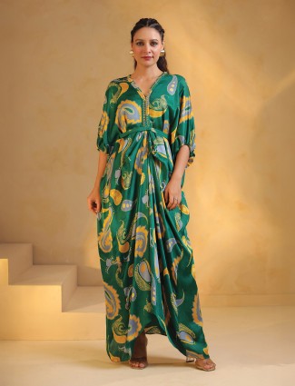 Green indowestern printed silk kurti for women casual wear