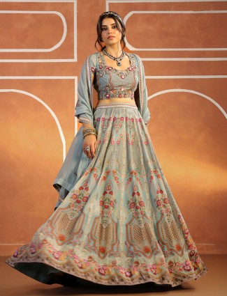 Elegant light grey printed silk lehenga choli