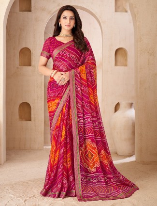 Magenta bandhani printed saree in chiffon for festive wear